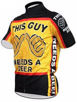 The This Guy Needs a Beer Cycling Jersey is made from lightweight polyester for peak performance, features a striking yellow and black design with THIS GUY NEEDS A BEER and thumbs-up graphics. The side panels showcase “NEEDS A BEER” over beer bubbles.