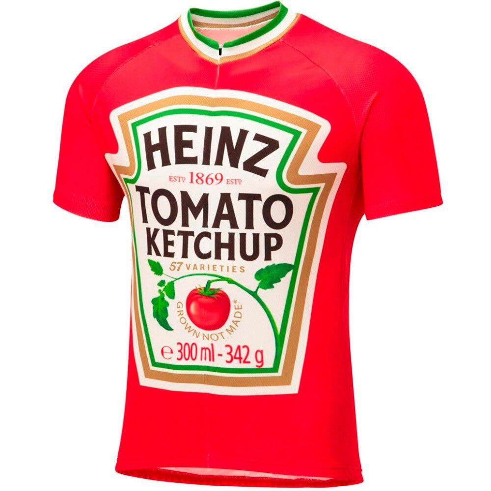 The Heinz Tomato Ketchup Cycling Jersey is a red, lightweight polyester cycling jersey resembling a ketchup bottle, featuring a large imitation label with the Heinz logo, Est 1869, and 57 varieties text.
