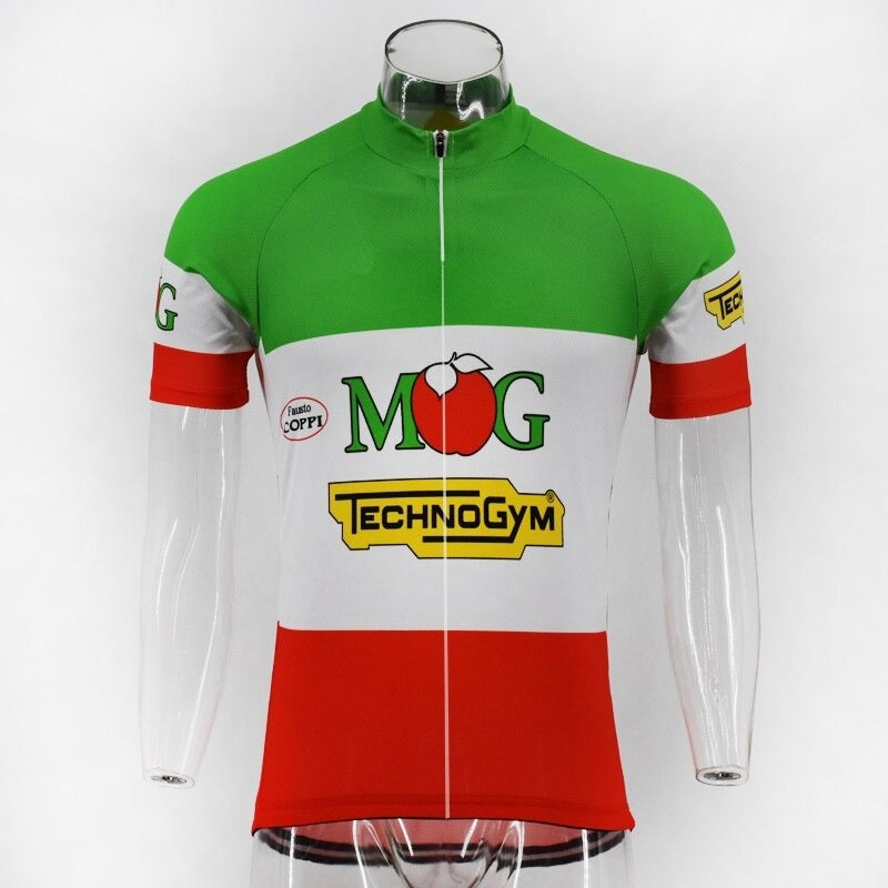 The MG Maglificio Technogym Retro Cycling Jersey features Italian flag colors and logos such as Mog, Technogym, and Supermercati Coppi, embodying the spirit of Italian Road Race Championships. Displayed on a transparent mannequin, it captures iconic retro designs.