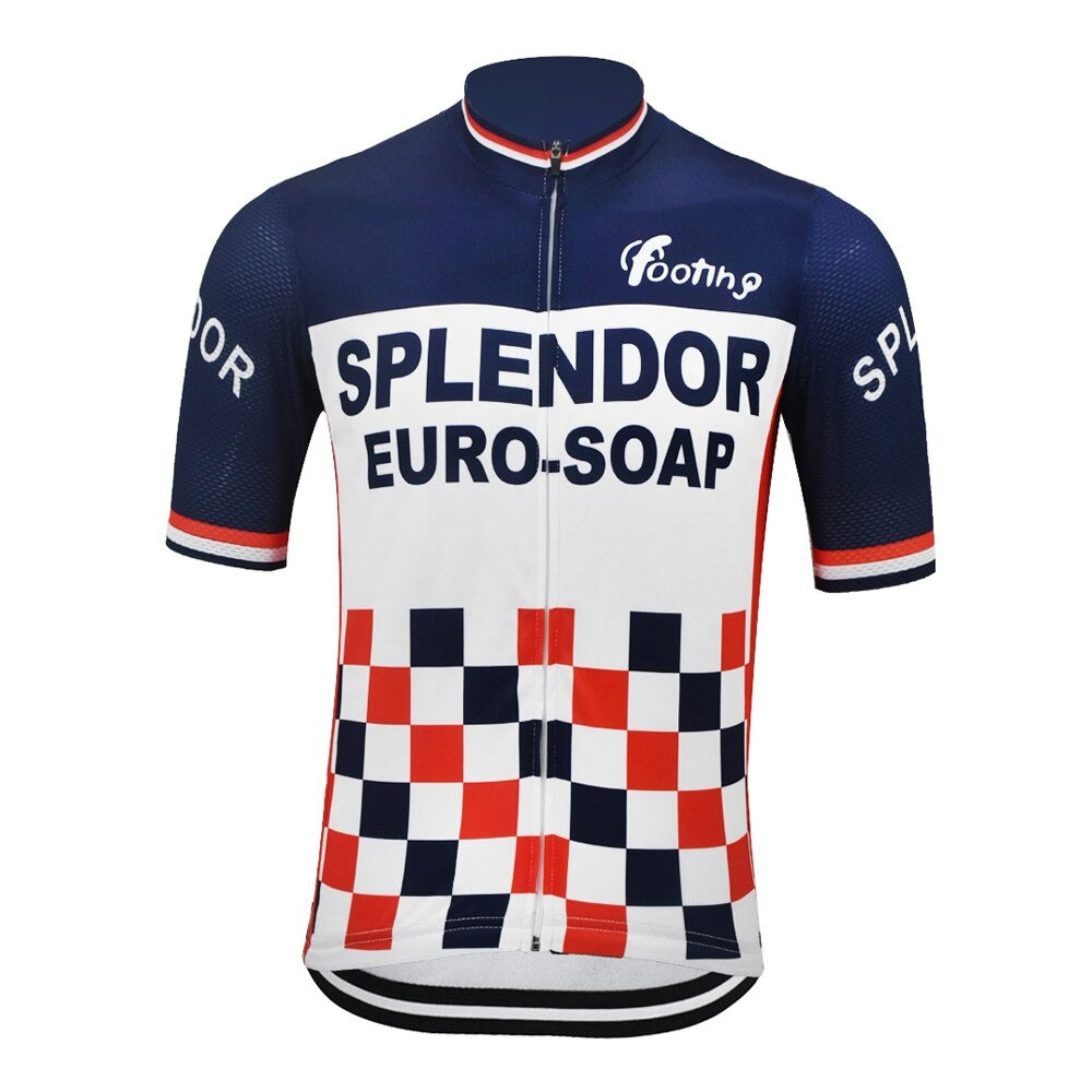 The Splendor Euro-Soap Retro Cycling Jersey features a blue top, white middle, and checkered red/navy bottom. Made of lightweight polyester, it has short sleeves with SPLENDOR, a front zip, and SPLENDOR EURO-SOAP text at the center plus a small logo on the collar.