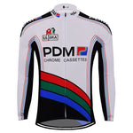 The Équipe Cycliste PDM (Chrome Cassettes) Retro Cycling Jersey boasts a white base with black sleeves, colorful stripes in blue, red, and green across the front, and the Équipe Cycliste PDM logo on the upper chest.
