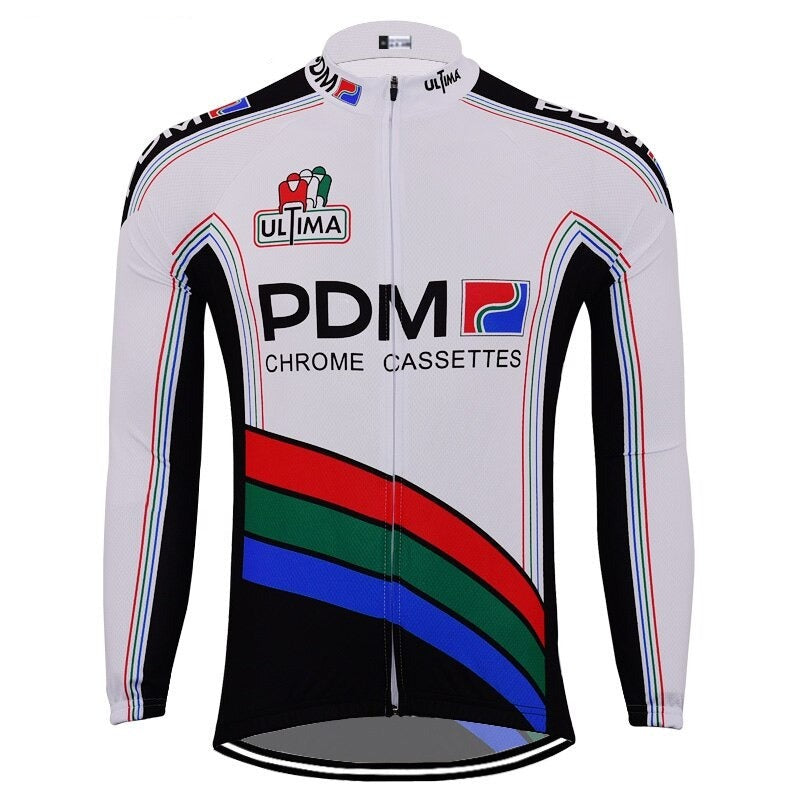 The Équipe Cycliste PDM (Chrome Cassettes) Retro Cycling Jersey boasts a white base with black sleeves, colorful stripes in blue, red, and green across the front, and the Équipe Cycliste PDM logo on the upper chest.