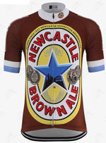 The Newcastle Brown Ale Retro Cycling Jersey features a classic label design with a blue star, yellow background, vintage-style logos, white collar and cuffs, and blue sleeve accents—ideal for beer-themed rides.