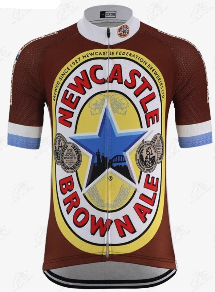 The Newcastle Brown Ale Retro Cycling Jersey features a classic label design with a blue star, yellow background, vintage-style logos, white collar and cuffs, and blue sleeve accents—ideal for beer-themed rides.