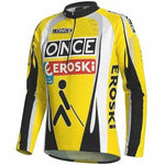 The ONCE-Eroski Long Sleeve Retro Cycling Jersey in vibrant yellow, black, and white features front ONCE and EROSKI logos. It includes a stick figure cane symbol, black side panels, and a zippered front, embodying the classic ONCE Cycling Team style. Available with fleece option.