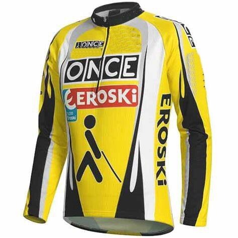 The ONCE-Eroski Long Sleeve Retro Cycling Jersey in vibrant yellow, black, and white features front ONCE and EROSKI logos. It includes a stick figure cane symbol, black side panels, and a zippered front, embodying the classic ONCE Cycling Team style. Available with fleece option.