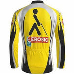 The back view of the ONCE-Eroski Long Sleeve Retro Cycling Jersey in yellow showcases a walking figure with a cane symbol, the word Eroski, and a logo. It features black and white patterns on the sides and sleeves inspired by the iconic ONCE Cycling Team.