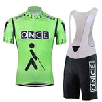 The ONCE Retro Cycling Jersey Set includes a green jersey and bib shorts made from lightweight polyester. The jersey displays a walking figure with a cane pattern, while the breathable shorts feature matching branding on the sides.