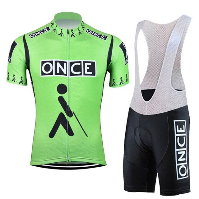 The ONCE Retro Cycling Jersey Set includes a green jersey and bib shorts made from lightweight polyester. The jersey displays a walking figure with a cane pattern, while the breathable shorts feature matching branding on the sides.