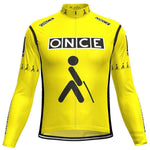The ONCE Yellow Long Sleeve Retro Cycling Jersey features ONCE in bold black text on a white rectangle, with a cane pictogram below. The sleeves have small repeating pictograms for retro flair. Available with a fleece option.