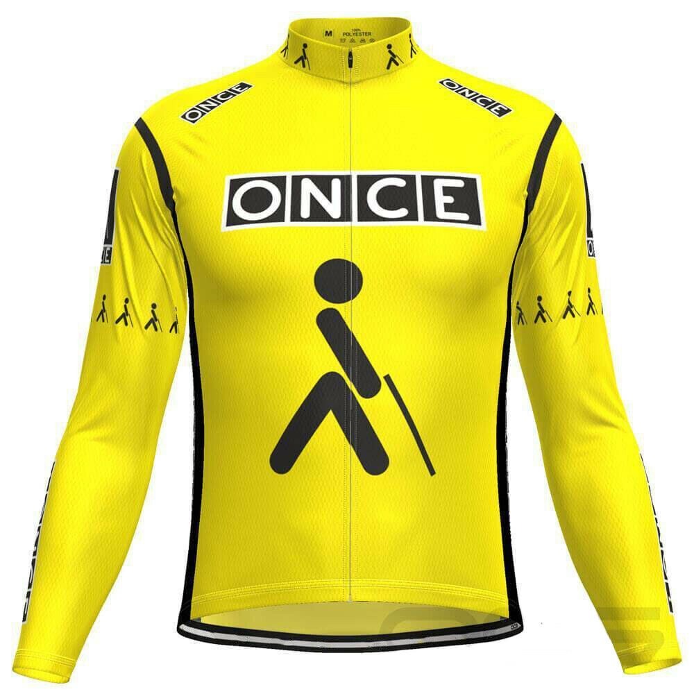 The ONCE Yellow Long Sleeve Retro Cycling Jersey features ONCE in bold black text on a white rectangle, with a cane pictogram below. The sleeves have small repeating pictograms for retro flair. Available with a fleece option.