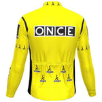 The ONCE Yellow Long Sleeve Retro Cycling Jersey, with fleece option, features a vintage-inspired design and black accents. It showcases multiple ONCE logos with small running figures and has three back pockets. The main logo is prominently displayed at the top center.