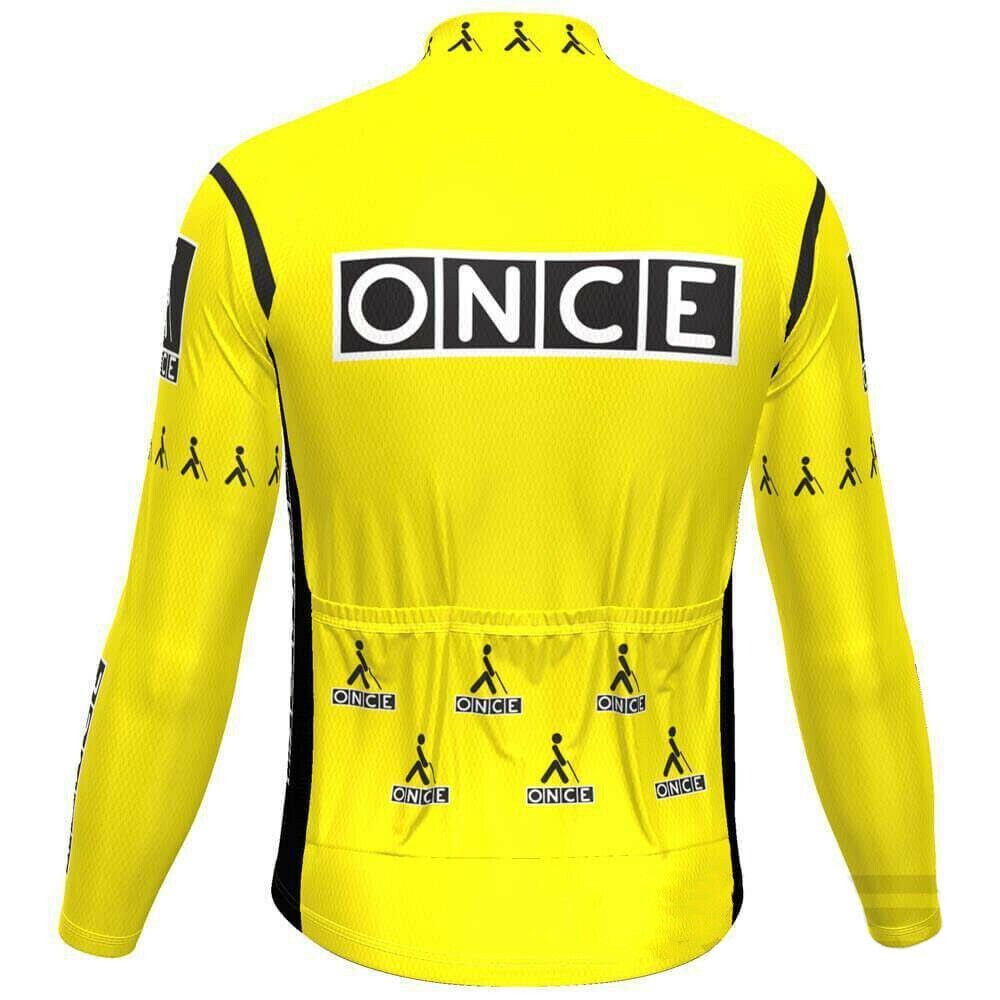 The ONCE Yellow Long Sleeve Retro Cycling Jersey, with fleece option, features a vintage-inspired design and black accents. It showcases multiple ONCE logos with small running figures and has three back pockets. The main logo is prominently displayed at the top center.