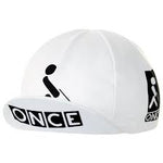 The Once Retro Cycling Cap is a classic white design with a stylized person logo and ONCE in bold black on the side and brim, exuding vintage cycling style.