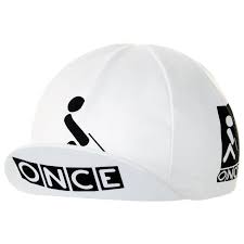 The Once Retro Cycling Cap is a classic white design with a stylized person logo and ONCE in bold black on the side and brim, exuding vintage cycling style.