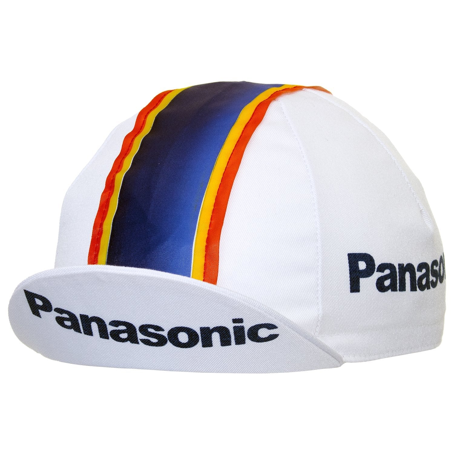 The Panasonic Retro Cycling Cap showcases a vintage design with vertical blue, yellow, and red stripes. Panasonic is printed in black on the front and side of the brim, embodying its classic style.