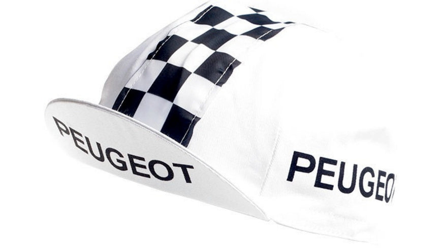 Elevate your ride with the Peugeot Retro Cycling Cap, featuring a black and white checkered pattern. PEUGEOT is boldly printed in black across the front and underside of the brim, capturing a classic retro design thats sure to turn heads.