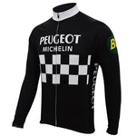 The Peugeot BP Michelin Retro Cycling Jersey with long sleeves features a classic black and white checkered pattern, vibrant Peugeot and Michelin logos, and green and yellow BP on the sleeves, elegantly blending vintage style with iconic cycling history. Fleece option is available.
