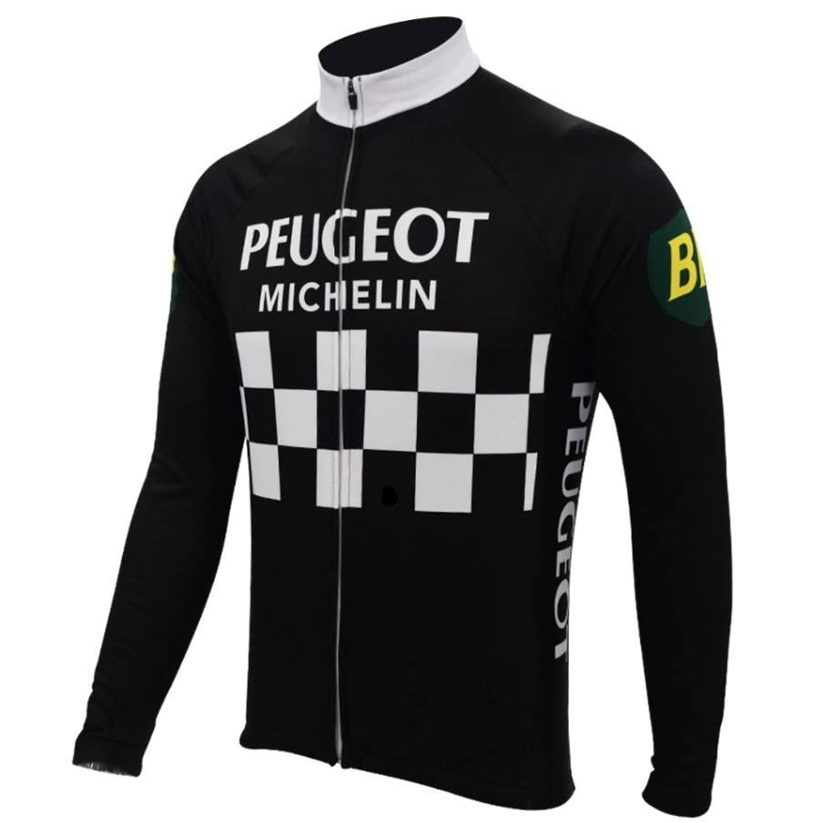 The Peugeot BP Michelin Retro Cycling Jersey with long sleeves features a classic black and white checkered pattern, vibrant Peugeot and Michelin logos, and green and yellow BP on the sleeves, elegantly blending vintage style with iconic cycling history. Fleece option is available.