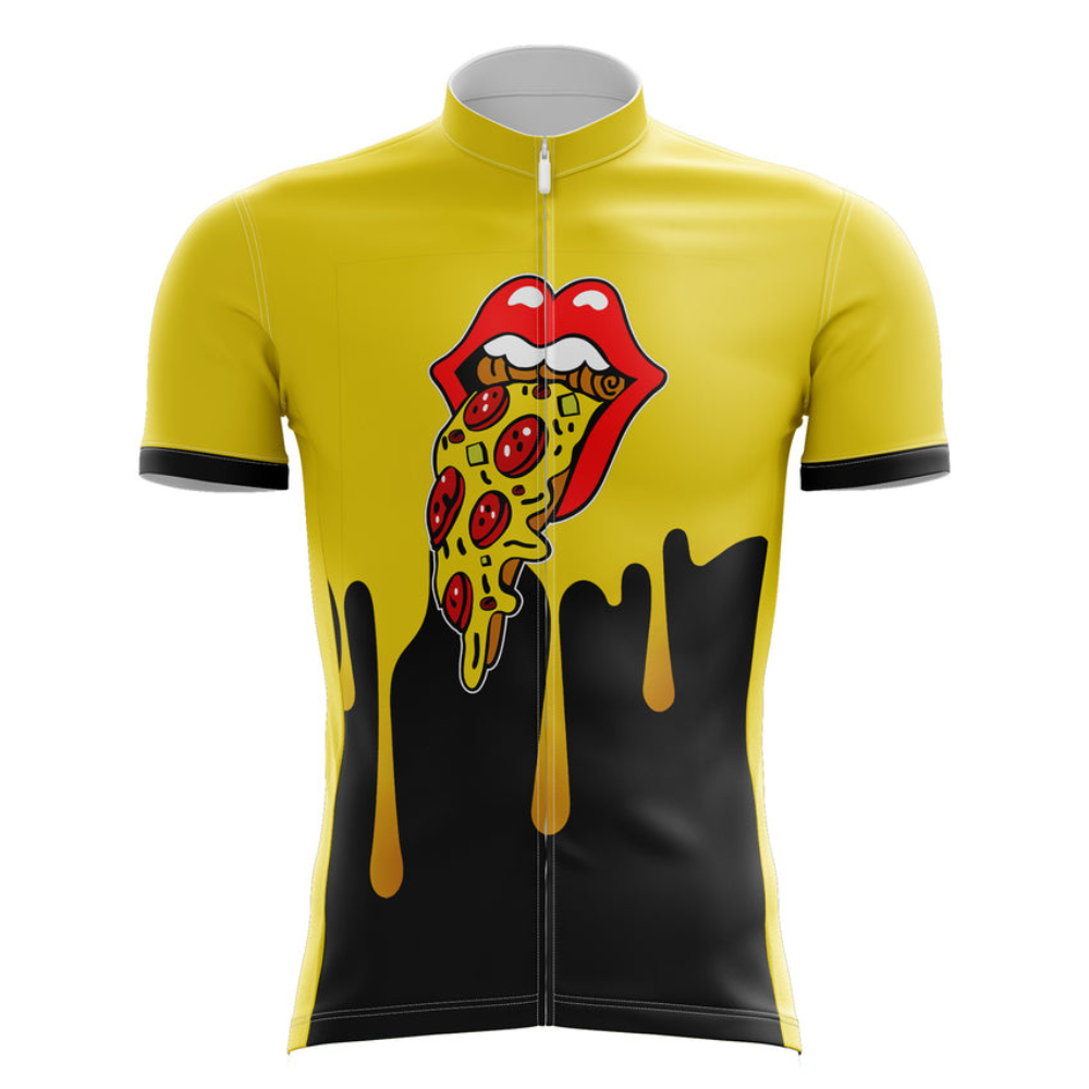 The Pizza Mouth Cycling Jersey features a vivid yellow and black dripping design with an open mouth graphic, red lips, and cascading toppings. Made from lightweight polyester, it ensures breathable performance for a bold and playful cycling experience.