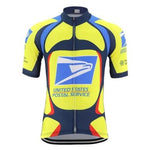 The United States Postal Service Retro Cycling Jersey features a retro yellow and blue design with an eagle motif, made from lightweight polyester. It includes black and red accents, merging classic style with contemporary comfort.