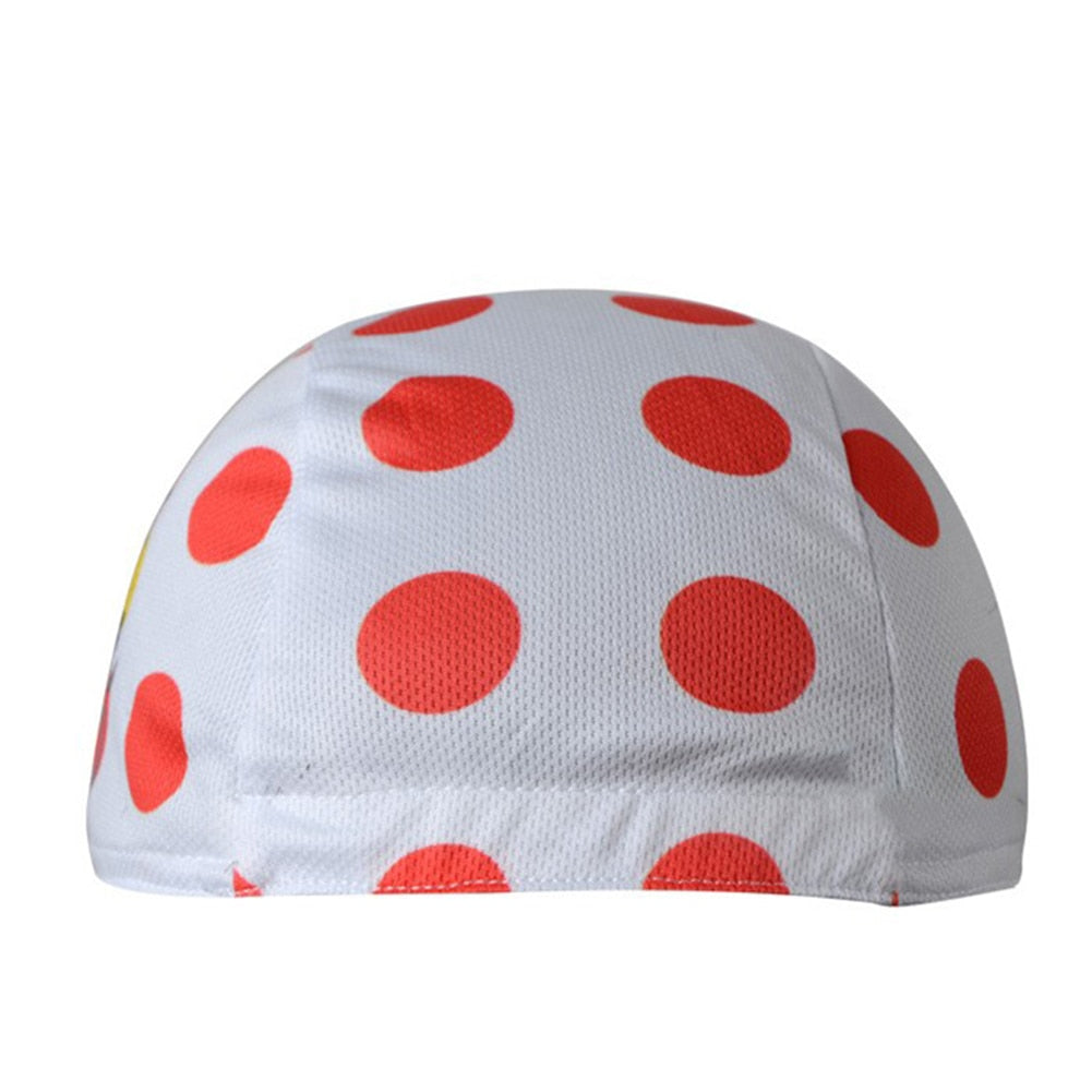 The Tour de France Cycling Cap features a white base with large red polka dots on breathable mesh, evoking the classic cycling look, and is photographed against a plain white background.