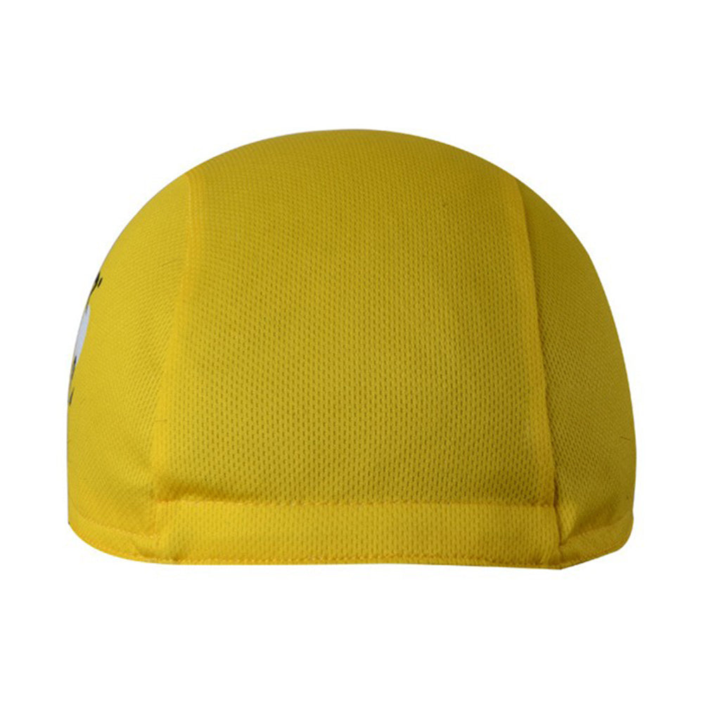 The Tour de France Cycling Cap is a yellow fabric dome-shaped cap with smooth texture and visible stitching. Made from breathable mesh, it’s ideal for sports or outdoor activities, featuring a simple design without logos or decorations.