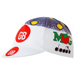 The GB-MG Maglificio Retro Cycling Cap has a short brim, red and white GB logos, yellow circles, and a blue area resembling the night sky. The side displays a MOG logo with a red heart and classic diadora branding, capturing the timeless essence of GB-MG Maglificio.