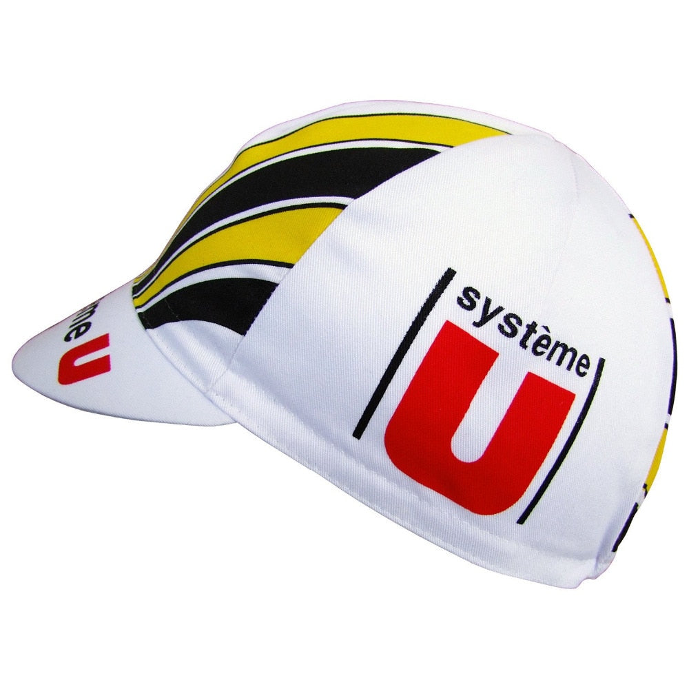 The Systeme U Retro Cycling Cap features a vintage style with red and black système U branding, complemented by striking yellow and black stripes on the side for a bold, sporty appearance.