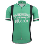 The Docks Cyclistes Du Maine Peugeot Retro Cycling Jersey is made from lightweight polyester, featuring a green design with black side panels, white sleeve stripes, and a front zipper. DOCKS CYCLISTES DU MAINE PEUGEOT is prominently displayed on the front in crisp white.