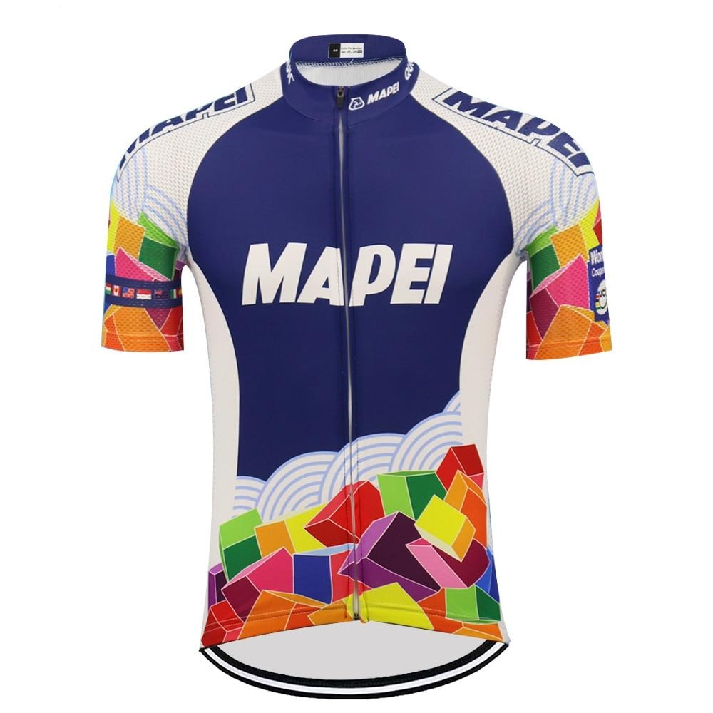 The Mapei Retro Cycling Jersey has a blue front with Mapei in white, crafted from high-performance polyester. White shoulders and sides have blue dots, while the lower section displays vibrant geometric shapes in red, yellow, green, and purple. It features short sleeves and a front zipper.