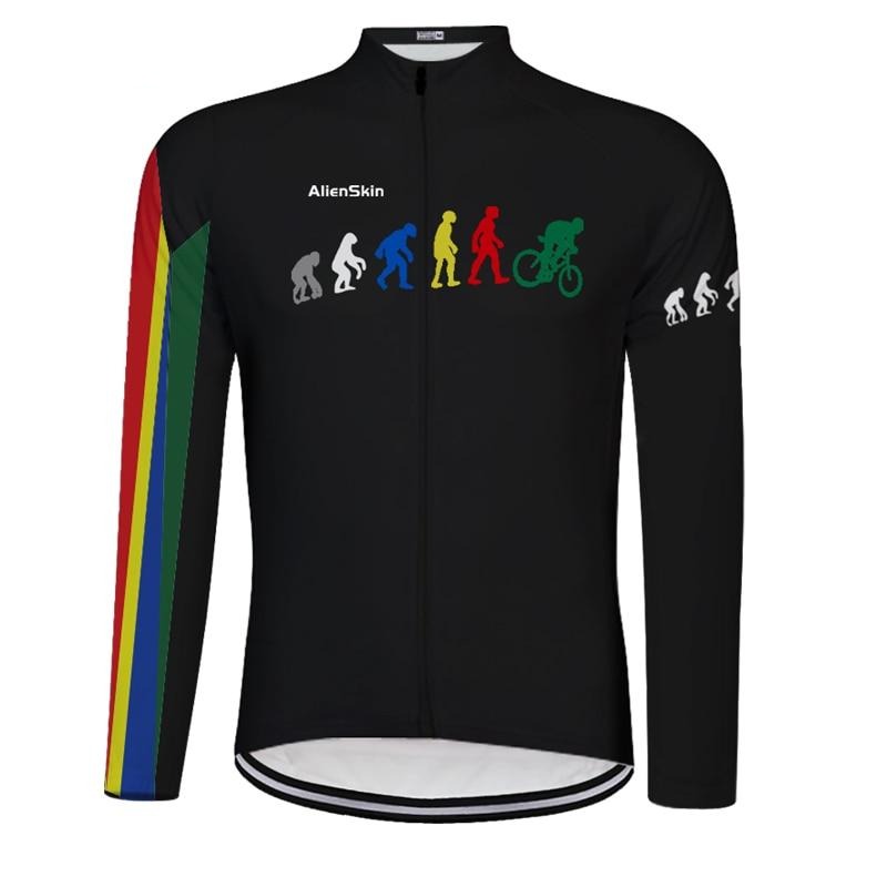 The Evolution of Man Retro Cycling Jersey is a black, lightweight polyester top with a colorful ape-to-cyclist evolution graphic. It features rainbow-striped sleeves on one side and mini evolution graphics, with AlienSkin printed on the chest for signature style.