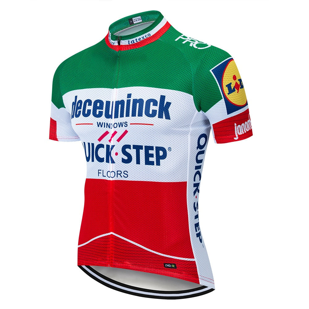 The Quick Step Deceuninck Team Jersey features colors of green, white, and red like the Italian flag, made from lightweight polyester. It prominently displays sponsor logos Quick Step Deceuninck and Lidl across the chest.
