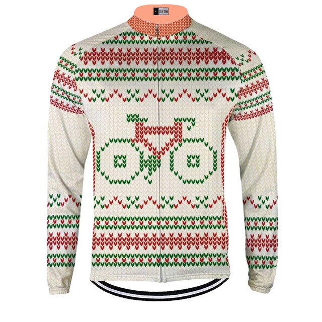 A festive Christmas Jumper-Themed Cycling Jersey features a red and green knitted pattern, a bicycle graphic on the front, and contrasting orange collar and cuffs. Its light, breathable design ensures optimal performance while echoing a Christmas jumper style.