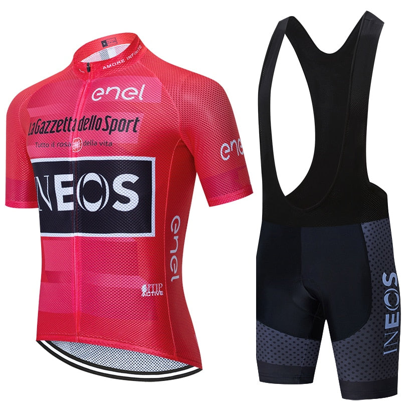 The Team INEOS Cycling Jersey Set includes a lightweight red and black short-sleeved jersey made of polyester with logos like INEOS, featuring a full front zipper and breathable mesh for comfort, paired with black bib shorts that have the matching logo.