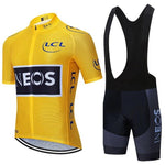 Experience unmatched comfort with the Team INEOS Cycling Jersey Set, featuring a lightweight yellow jersey adorned with black INEOS and LCL logos. The coordinating bib shorts boast a dotted pattern and seat pad for enhanced performance. Complete your look today!.