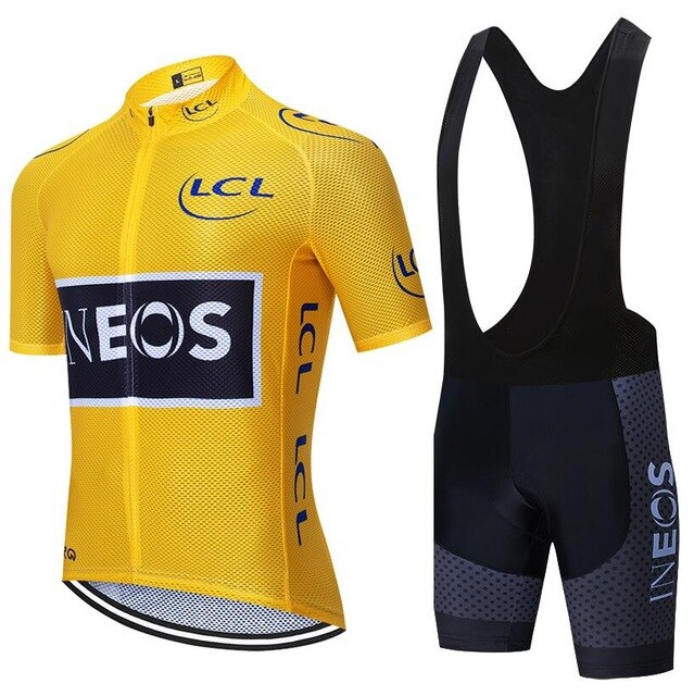 Experience unmatched comfort with the Team INEOS Cycling Jersey Set, featuring a lightweight yellow jersey adorned with black INEOS and LCL logos. The coordinating bib shorts boast a dotted pattern and seat pad for enhanced performance. Complete your look today!.