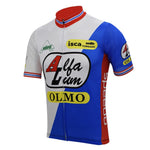 The Alfa Lum Olmo Retro Cycling Jersey is crafted from lightweight polyester with a front zip. It has a predominantly white and blue design with red accents, showcasing Alfa Lum, OLMO, and other logos on the short-sleeved shoulders and chest.
