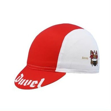 The Duvel Beer Cycling Cap boasts a bold red and white design. The red highlights a white logo, while the white area features a crest and Anno. Made from quick-drying, moisture-wicking material, its ideal for cycling adventures.