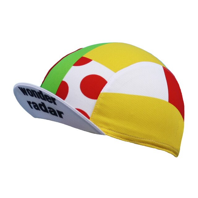 The Wonder Radar Cycling Cap features a vibrant geometric pattern with yellow, green, and red polka dots on white sections. Made from breathable mesh fabric, it absorbs moisture for comfort. The white brim has wonder radar in black lettering.