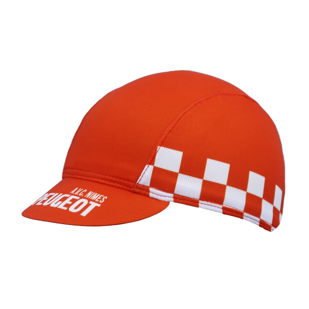 The Peugeot Red Cycling Cap features a breathable mesh design with Peugeot and Alc Andes in white. Its brim showcases a white checkered pattern, offering style and comfort for every ride.
