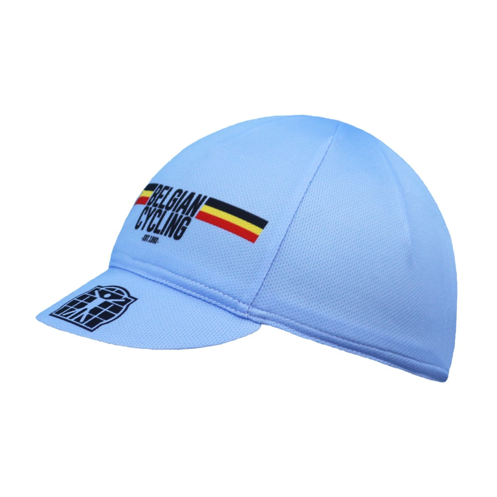 A blue Belgium Cycling Team Cap with a small visor featuring a helmet logo and Belgian Cycling above a vertical black, yellow, and red stripe on the side. Made from breathable mesh fabric, it embodies the spirit of the Belgium Cycling Team with stylish functionality.