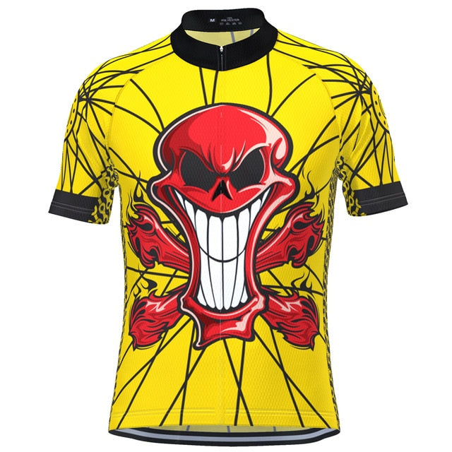 The Yellow Smiling Skull Cycling Jersey, made from lightweight polyester, boasts a striking design with black trim and a large red grinning skull graphic with exaggerated teeth and crisscrossing lines, ideal for cyclists looking for a rebellious vibe.
