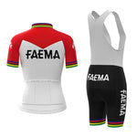 Front and back view of the Womens 1969 Faema Retro Cycling Jersey Set, showcasing a red and white jersey with FAEMA text and rainbow stripes on sleeves, paired with black shorts featuring white FAEMA text and matching rainbow stripes at the leg openings.