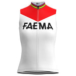 The Womens 1969 Faema Retro Cycling Jersey Set features a sleeveless design with a vibrant red upper, bold black FAEMA lettering, a front zipper, and a multi-colored neck stripe for both style and functionality on any ride.