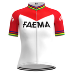 The Womens 1969 Faema Retro Cycling Jersey Set features a striking red and white design. FAEMA is prominently displayed in black on the chest and sleeves, with multicolored stripes on the sleeve ends and high collar, capturing the vibrant style of cyclings golden era.