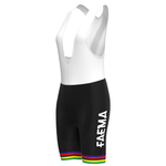 The Womens 1969 Faema Retro Cycling Jersey Set includes bib shorts with a white upper, black lower, FAEMA text on the sides, and rainbow stripes at the leg openings, all showcased on a plain white background.