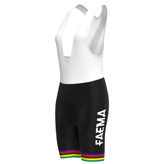 The Womens 1969 Faema Retro Cycling Jersey Set includes bib shorts with a white upper, black lower, FAEMA text on the sides, and rainbow stripes at the leg openings, all showcased on a plain white background.