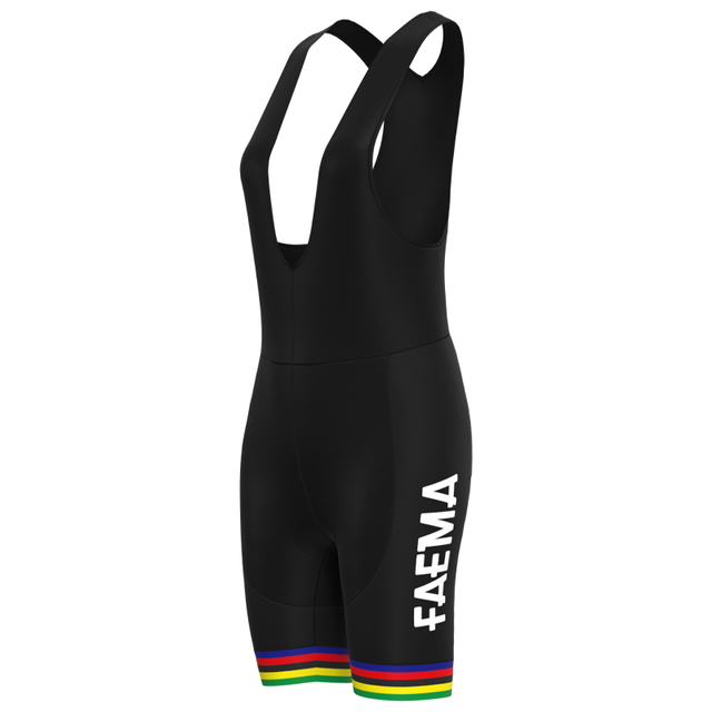 The Womens 1969 Faema Retro Cycling Jersey Set includes black bib shorts showcasing Faema in white on the side and vibrant rainbow stripes at the leg bottoms.