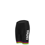 The Womens 1969 Faema Retro Cycling Jersey Set includes black cycling shorts featuring FAEMA written vertically in white, designed for pairing with the jersey. The shorts have distinctive green, yellow, red, and blue stripes on the leg cuffs against a plain white background.